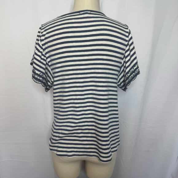 Eyeshadow Navy White Stripe Tie Front Tee Small Scallop Eyelet Sleeves - Picture 2 of 7